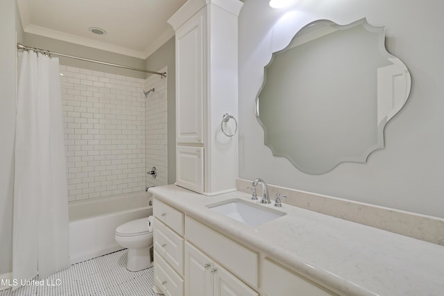 233 Arbor Trl, Brandon, MS 39047 - bathroom with vanity, toilet, crown molding, tile patterned flooring, and shower / tub combo with curtain