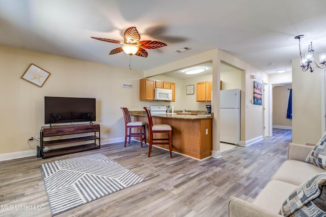 living room featuring ceiling fan with notable chandelier and light hardwood / wood-style floors