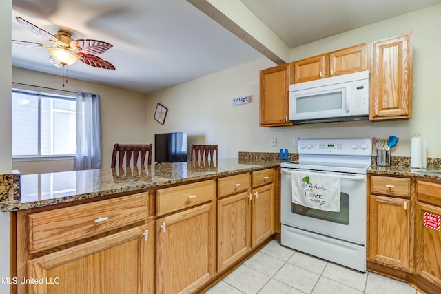 kitchen featuring kitchen peninsula, white appliances, and stone counters