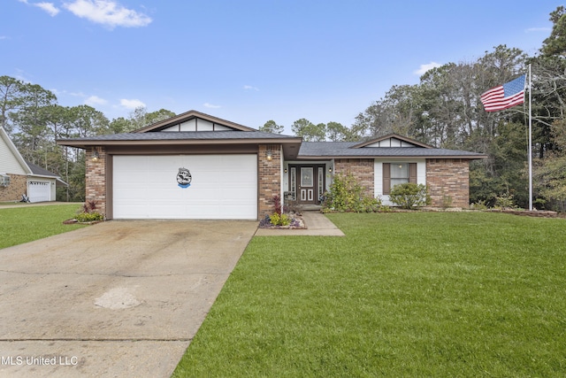 ranch-style house featuring a garage and a front lawn