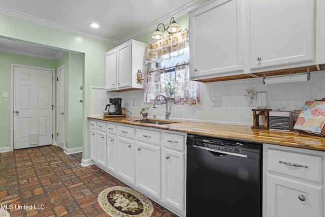 kitchen featuring white cabinetry, sink, black dishwasher, tasteful backsplash, and crown molding