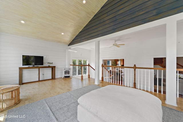 living room featuring wood ceiling, ceiling fan, high vaulted ceiling, and wood walls