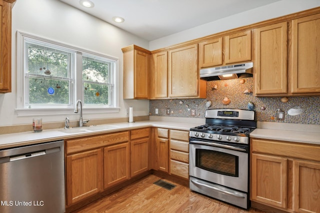 kitchen featuring stainless steel appliances, tasteful backsplash, sink, and light hardwood / wood-style flooring