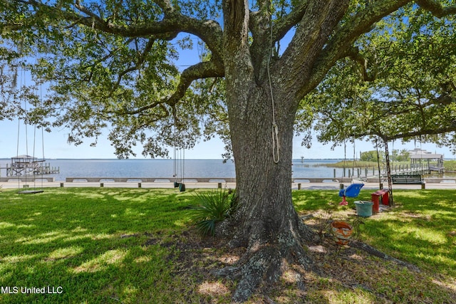 exterior space featuring a water view and a lawn