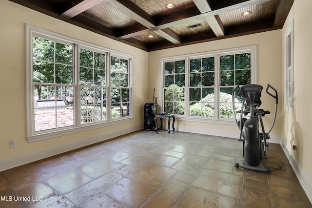 exercise room with wood ceiling, coffered ceiling, and a wealth of natural light