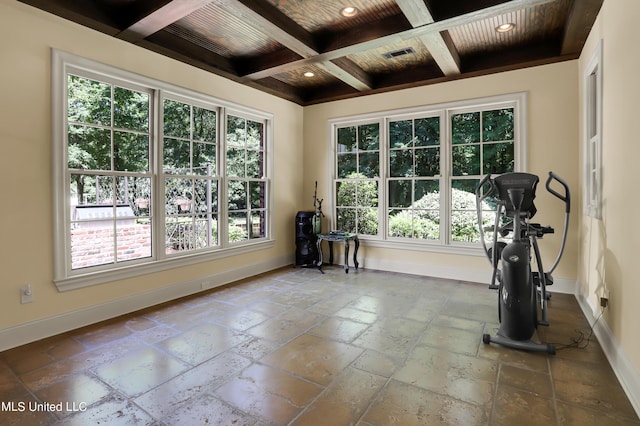 130 Bridgewater Xing, Ridgeland, MS 39157 - workout room featuring coffered ceiling, baseboards, wood ceiling, recessed lighting, and stone tile flooring
