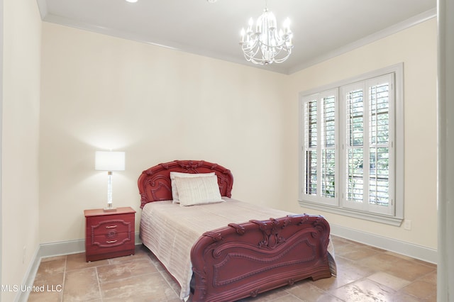 bedroom featuring an inviting chandelier and crown molding