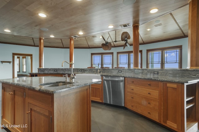 141 Janelle Dr, Bay Saint Louis, MS 39520 - kitchen featuring stainless steel dishwasher, a sink, wood ceiling, a kitchen island with sink, and dark stone countertops