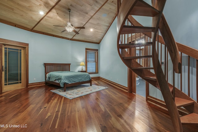 141 Janelle Dr, Bay Saint Louis, MS 39520 - bedroom featuring wood-type flooring, baseboards, wooden ceiling, lofted ceiling, and ornamental molding