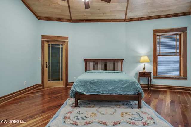 141 Janelle Dr, Bay Saint Louis, MS 39520 - bedroom with wood-type flooring, baseboards, wooden ceiling, and ceiling fan