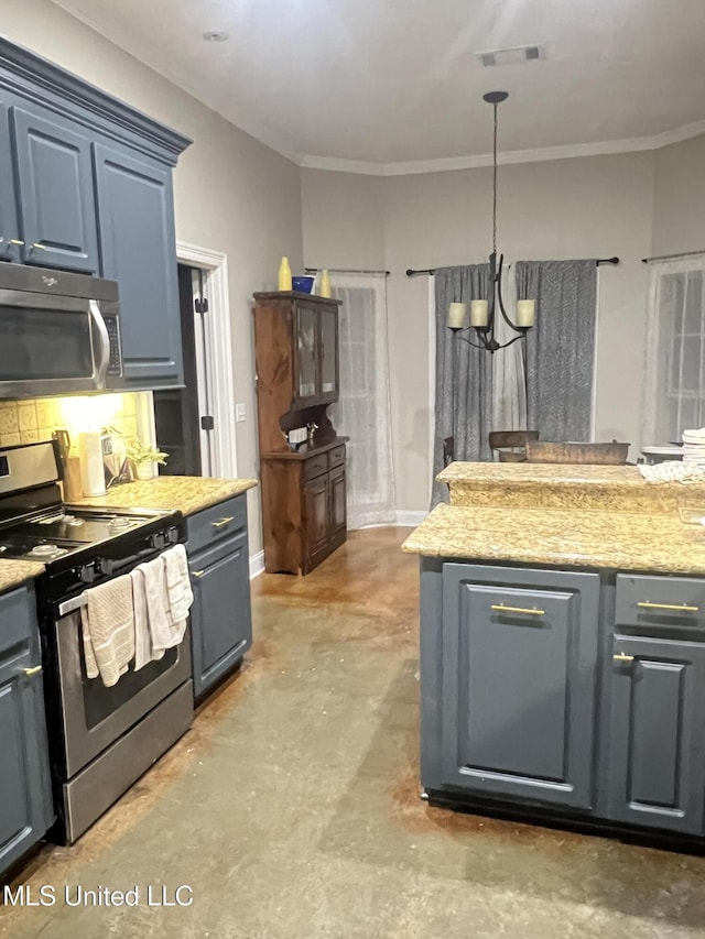 kitchen featuring appliances with stainless steel finishes, backsplash, hanging light fixtures, a notable chandelier, and light stone counters