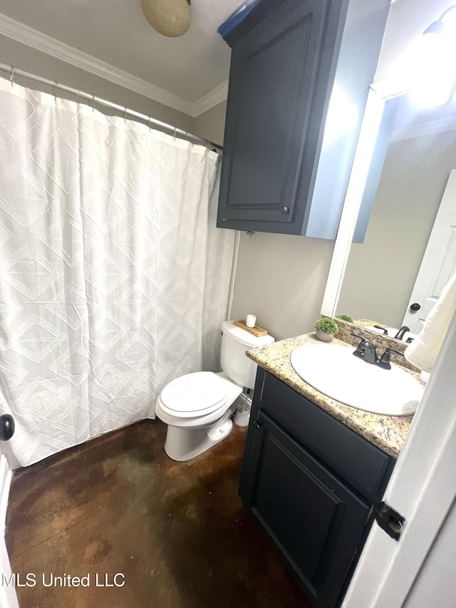 bathroom with toilet, vanity, crown molding, and concrete floors