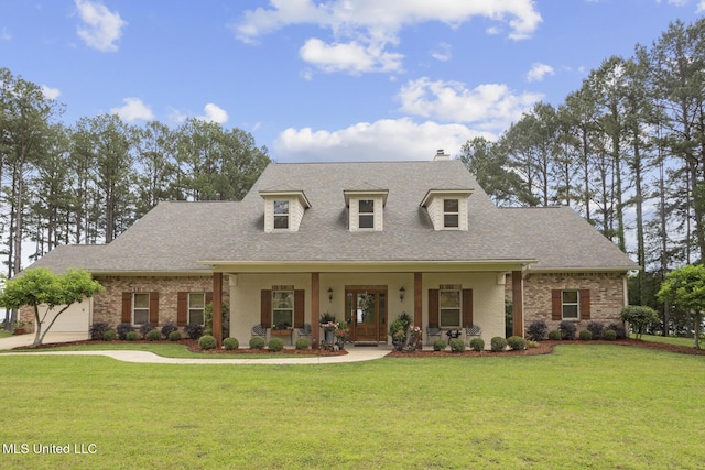 130 Pine Lake Cv, Flora, MS 39071 - cape cod-style house with covered porch, brick siding, a shingled roof, and a front yard