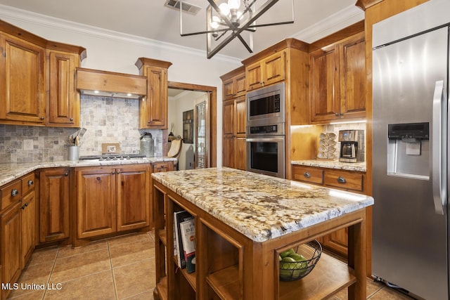 130 Pine Lake Cv, Flora, MS 39071 - kitchen featuring visible vents, open shelves, ornamental molding, tasteful backsplash, and stainless steel appliances