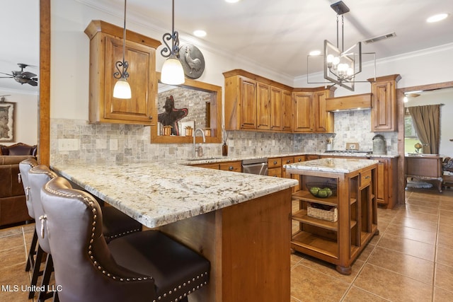 130 Pine Lake Cv, Flora, MS 39071 - kitchen with brown cabinetry, visible vents, open shelves, ornamental molding, and stainless steel appliances