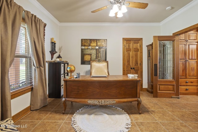 130 Pine Lake Cv, Flora, MS 39071 - office area with tile patterned floors, ornamental molding, baseboards, and a ceiling fan