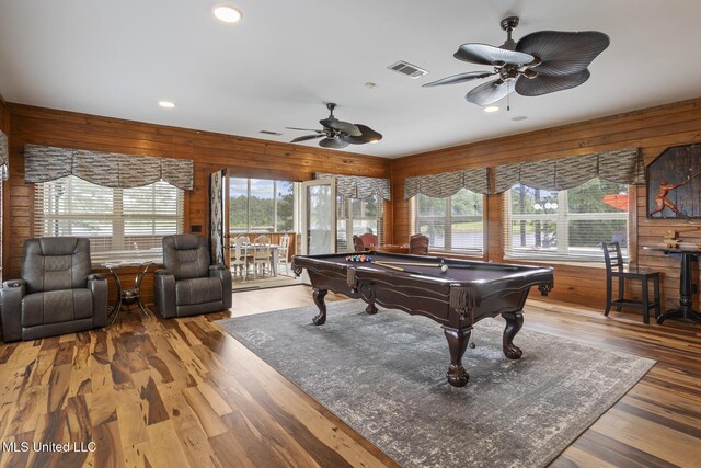130 Pine Lake Cv, Flora, MS 39071 - rec room featuring wooden walls, a ceiling fan, pool table, recessed lighting, and visible vents