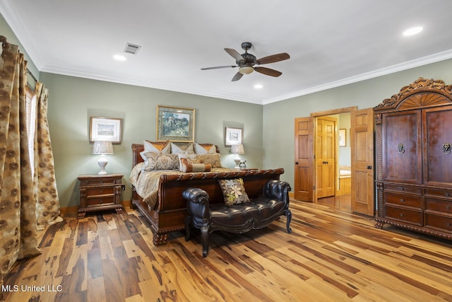 130 Pine Lake Cv, Flora, MS 39071 - bedroom featuring recessed lighting, visible vents, ornamental molding, and light wood finished floors