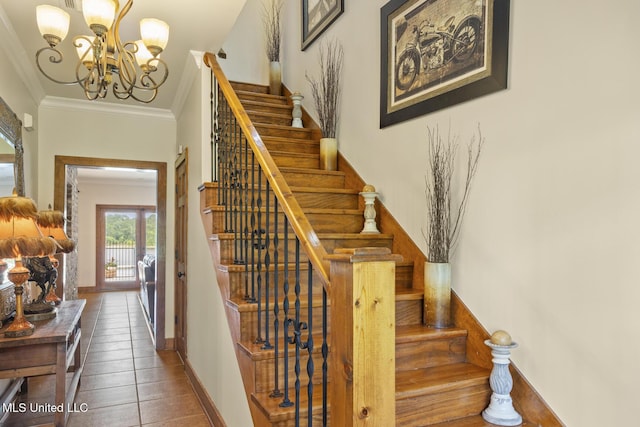 130 Pine Lake Cv, Flora, MS 39071 - staircase featuring crown molding, baseboards, tile patterned floors, and a chandelier