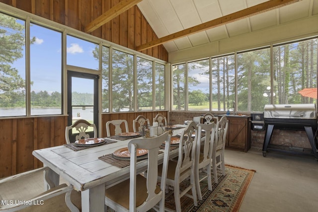 130 Pine Lake Cv, Flora, MS 39071 - sunroom / solarium with lofted ceiling with beams, a water view, and wood walls