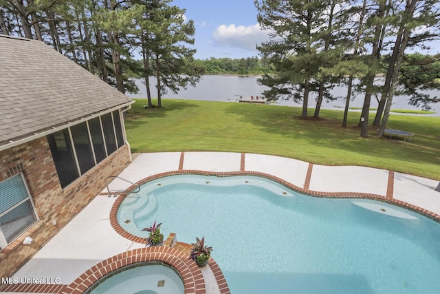 130 Pine Lake Cv, Flora, MS 39071 - outdoor pool featuring a lawn, a water view, and a sunroom
