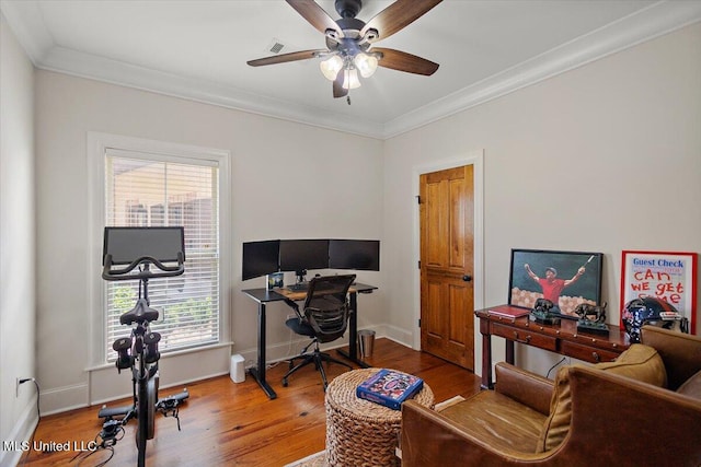 102 Hampton Chase, Madison, MS 39110 - office area featuring a ceiling fan, wood finished floors, and crown molding