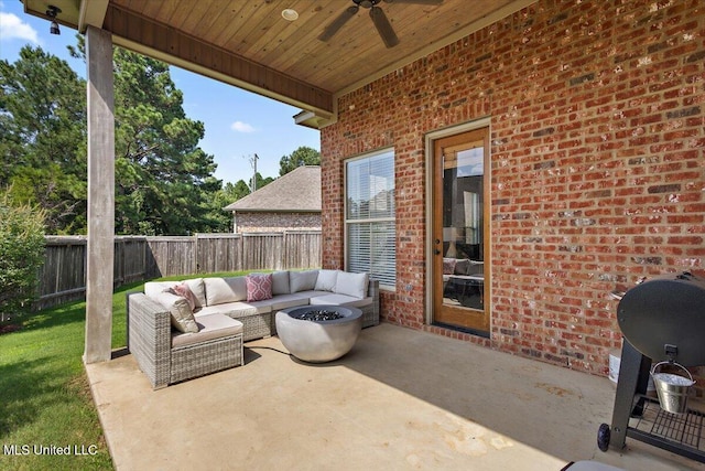 102 Hampton Chase, Madison, MS 39110 - fenced backyard featuring an outdoor living space with a fire pit, ceiling fan, a patio, and area for grilling