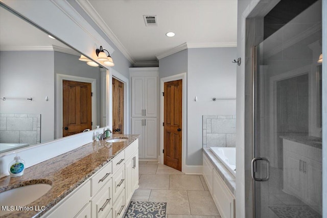 102 Hampton Chase, Madison, MS 39110 - bathroom featuring double vanity, a bath, a stall shower, crown molding, and recessed lighting