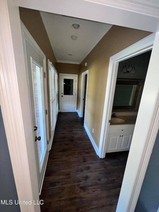 hallway with ornamental molding, dark wood-type flooring, and sink