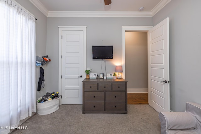 carpeted bedroom with crown molding