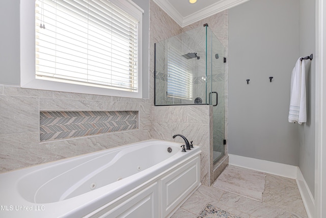 full bathroom with baseboards, ornamental molding, a jetted tub, marble finish floor, and a shower stall