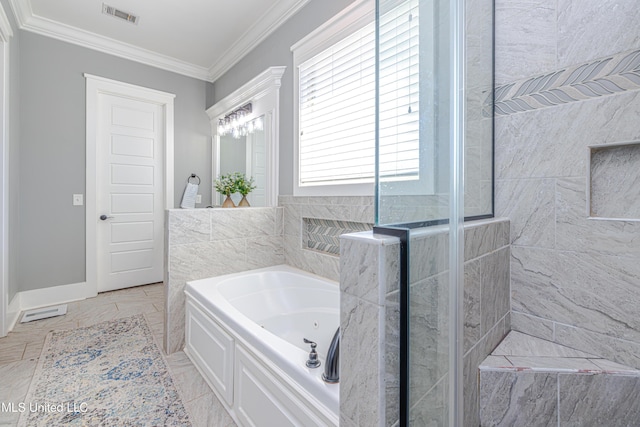 full bath featuring marble finish floor, a tub with jets, visible vents, and crown molding