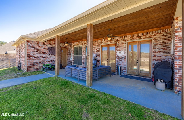 view of patio featuring ceiling fan, french doors, and outdoor lounge area