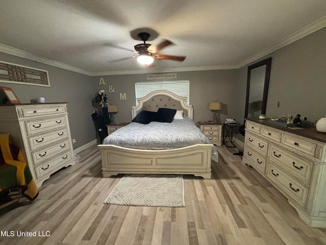 bedroom with ceiling fan, baseboards, light wood-style flooring, and ornamental molding