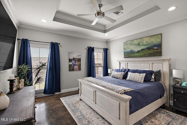 bedroom with a tray ceiling, crown molding, baseboards, and recessed lighting