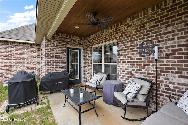 view of patio with ceiling fan, outdoor lounge area, and a grill