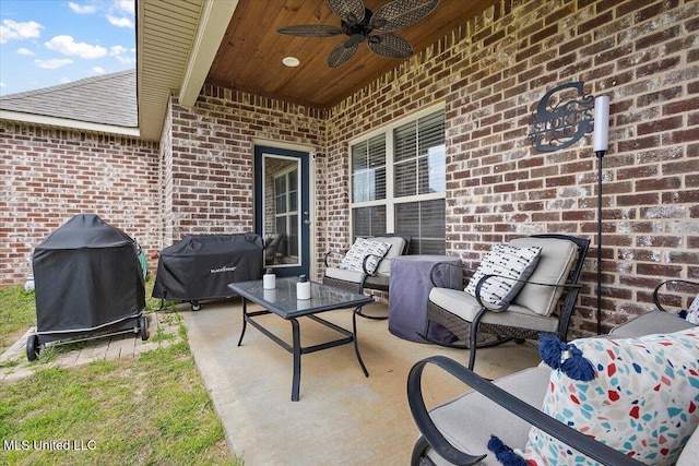 view of patio with ceiling fan, a grill, and outdoor lounge area