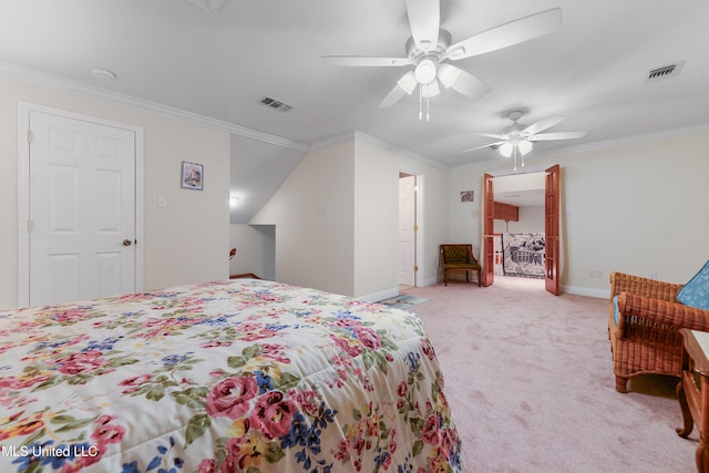 bedroom featuring light carpet, baseboards, visible vents, and crown molding