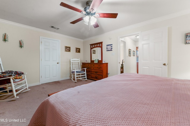 bedroom featuring light colored carpet, crown molding, visible vents, and baseboards