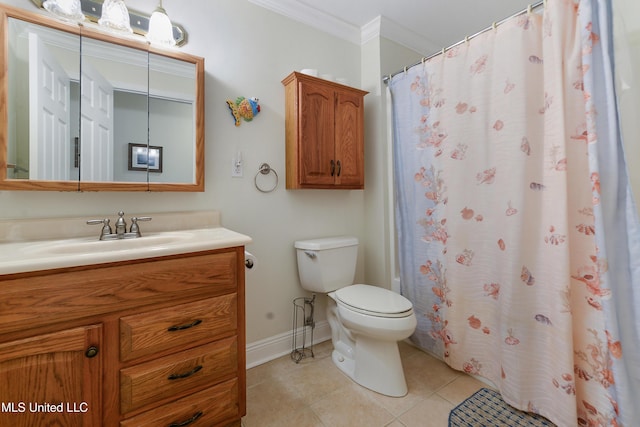 full bathroom with toilet, ornamental molding, vanity, tile patterned flooring, and baseboards