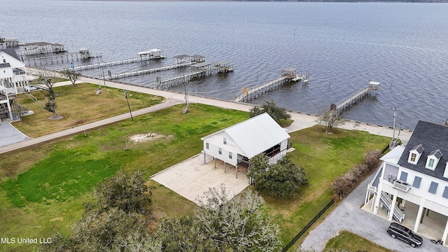 drone / aerial view with a water view