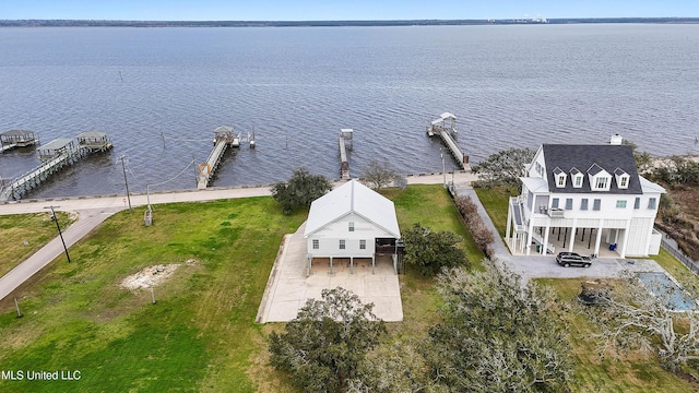 aerial view featuring a water view