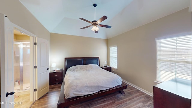 bedroom featuring lofted ceiling, hardwood / wood-style flooring, and ceiling fan