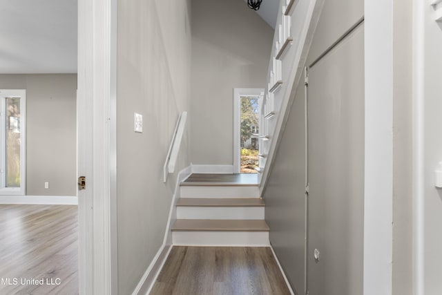 stairs featuring hardwood / wood-style flooring