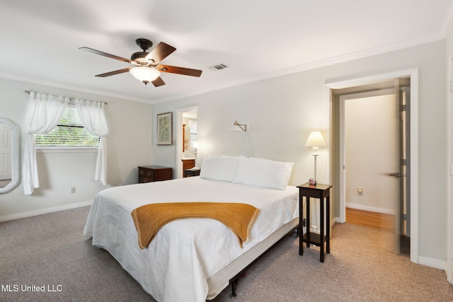112 Dogwood Ln, Pass Christian, MS 39571 - bedroom with light colored carpet, ornamental molding, baseboards, and a ceiling fan