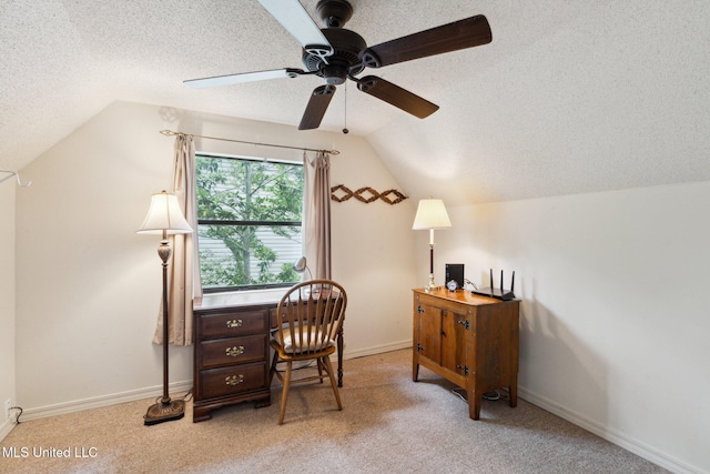 112 Dogwood Ln, Pass Christian, MS 39571 - office area with a textured ceiling, lofted ceiling, light carpet, a ceiling fan, and baseboards