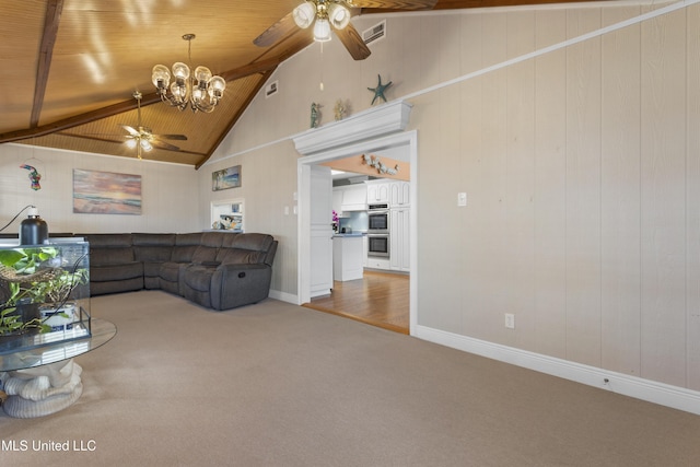 855 Dove Blvd, Bay Saint Louis, MS 39520 - living room featuring ceiling fan, carpet flooring, wood ceiling, a chandelier, and wood walls
