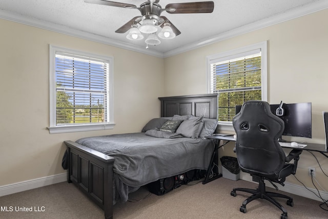 855 Dove Blvd, Bay Saint Louis, MS 39520 - bedroom featuring carpet flooring, crown molding, multiple windows, ceiling fan, and an office area