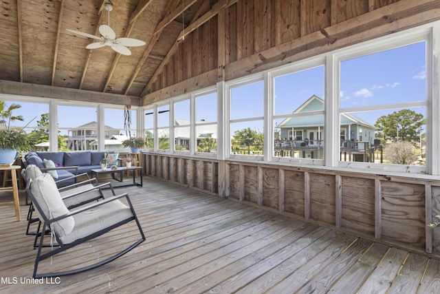 855 Dove Blvd, Bay Saint Louis, MS 39520 - sunroom featuring lofted ceiling, an outdoor hangout area, a ceiling fan, and a residential view