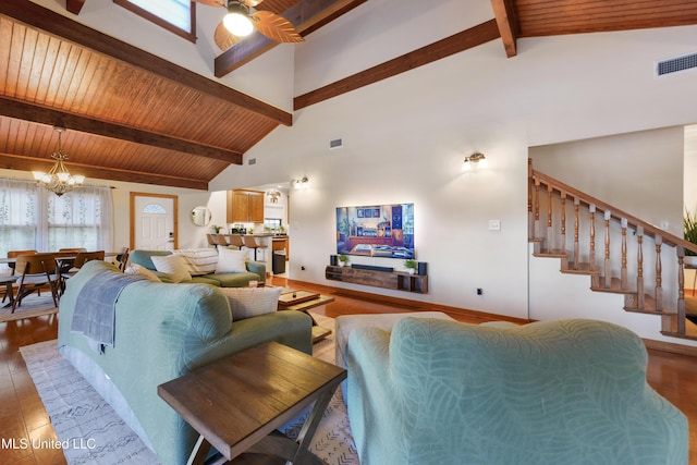 living room with beam ceiling, high vaulted ceiling, wood ceiling, ceiling fan with notable chandelier, and hardwood / wood-style flooring